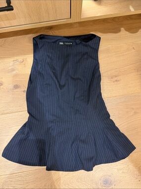 Zara Navy Pinstripe Flared Hem Shell